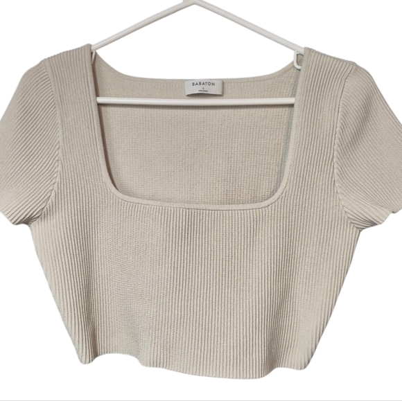 Babaton Short Sleeve  Ribbed Crop Top Women's Size Large Neutral Square Neck - Picture 3 of 13